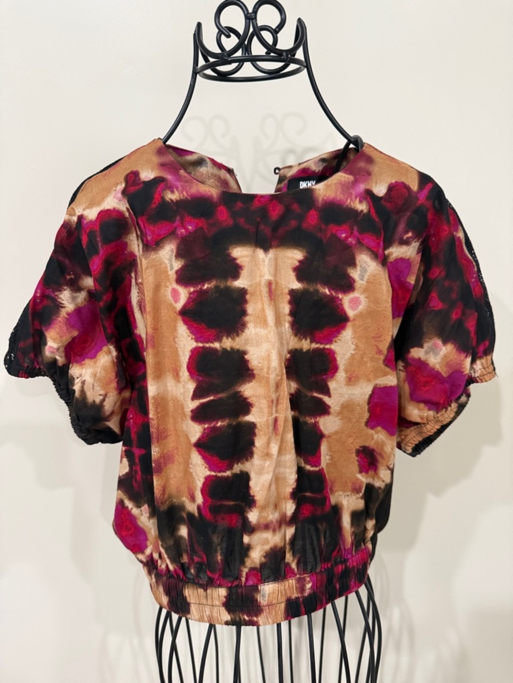 DKNY Tie-Dye Short Sleeve Top in Brown, Magenta & Black